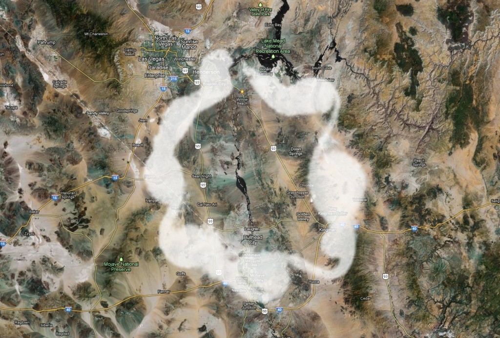 Montage of a Diocrotron-Instability  overlaid the region south of Las Vegas [Google Maps]